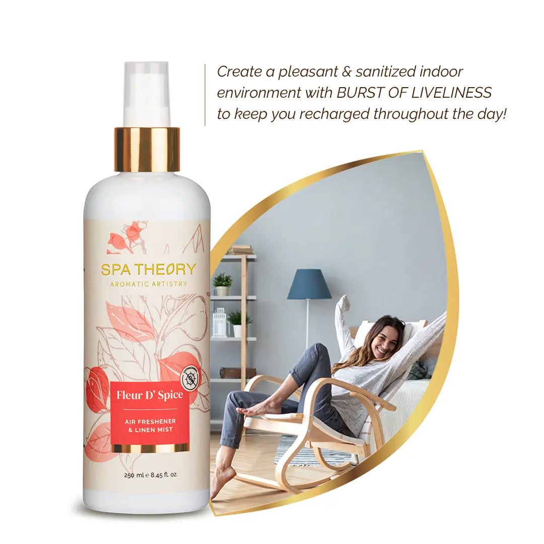 Bottle of "Spa Theory" air freshener with floral design. A happy woman relaxes on a chair at home. Text promotes a lively indoor environment.