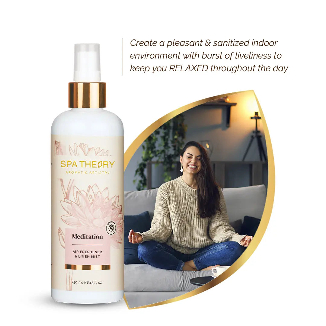 Meditation air freshener spray with a smiling person meditating on a couch, evoking a calm and relaxed indoor atmosphere