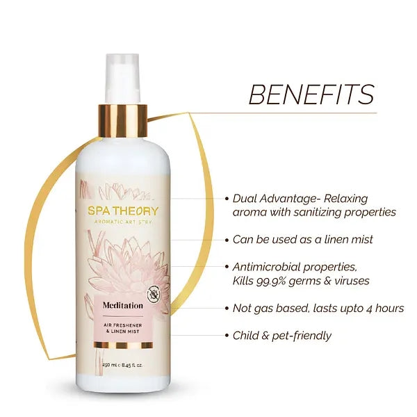Spa theory bottle with product name Meditation an air freshener bottle with benefit listed beside