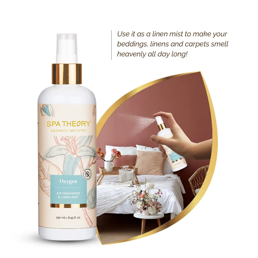 linen mist with floral design and text overlay. A hand sprays it in a cozy room with a bed, pillows, and floral decor, creating a fresh, serene ambiance