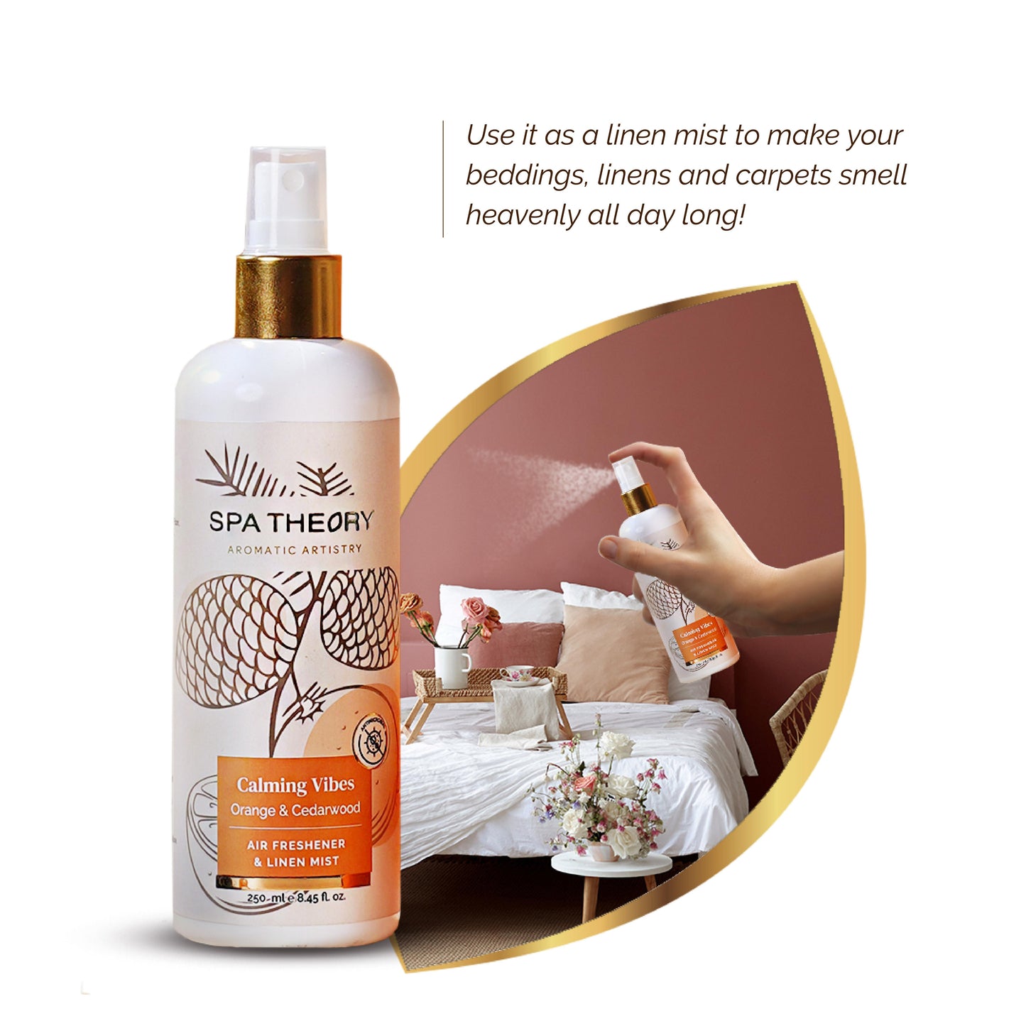 Bottle of Spa Theory's "Calming Vibes" linen mist in orange and cedarwood scent. Hand sprays mist over a cozy bed with flowers