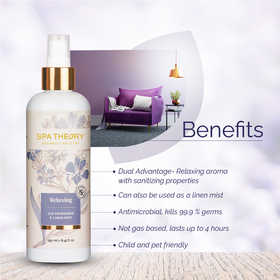 A bottle of Spa Theory Relaxing Air Freshener with floral design. Text highlights benefits