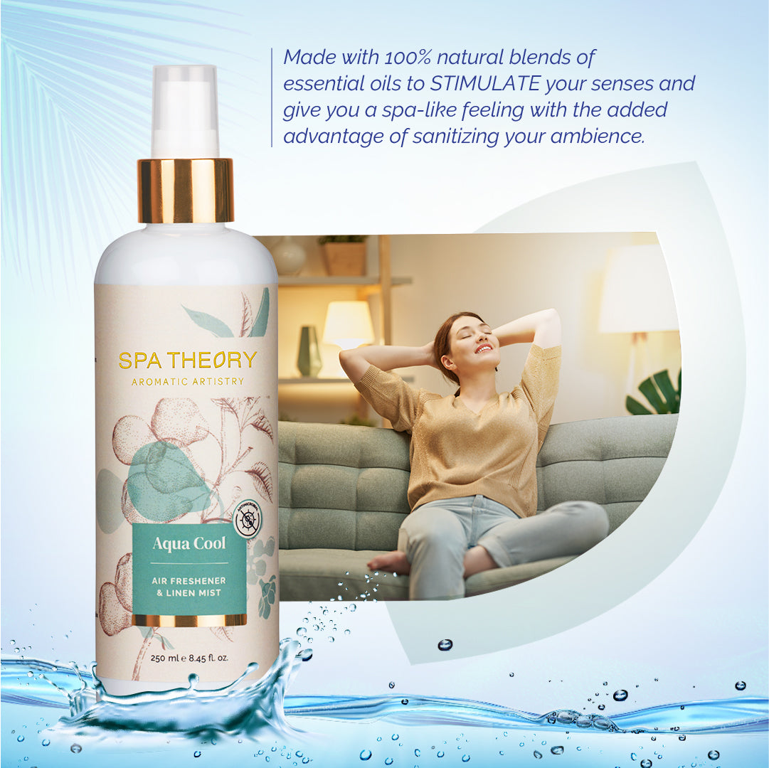 Spray bottle of "Spa Theory Aqua Cool" air freshener with a serene background featuring a woman relaxing on a sofa