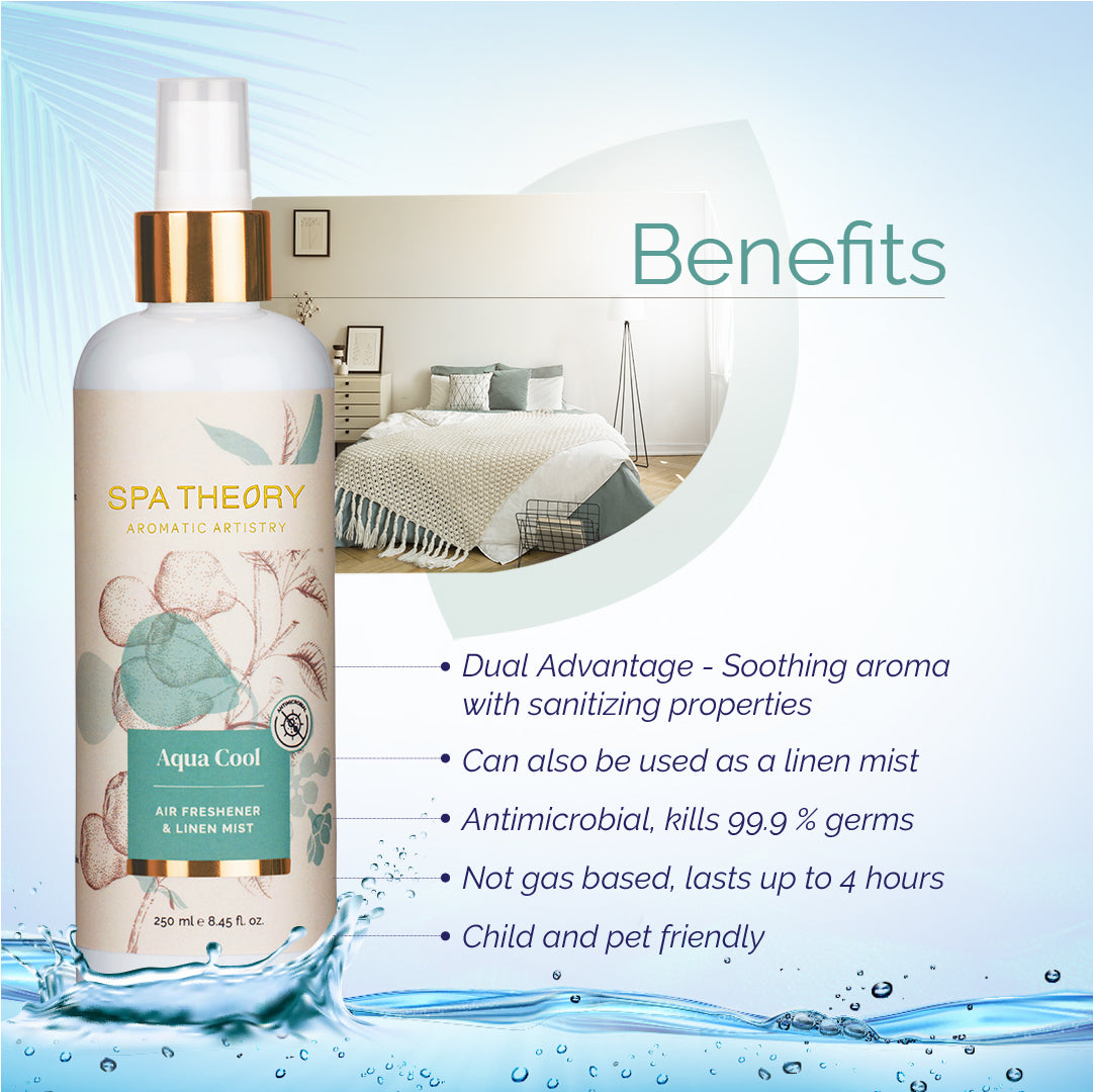 Spa Theory Aqua Bleu air freshener bottle with fresh ocean blue branding