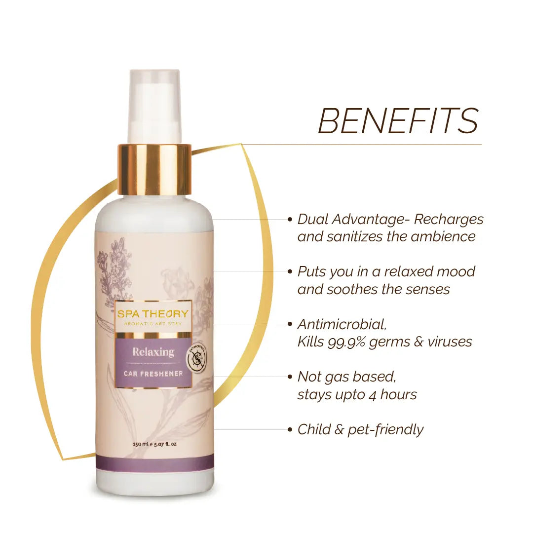 Relaxing car freshener spray bottle with benefits listed at side