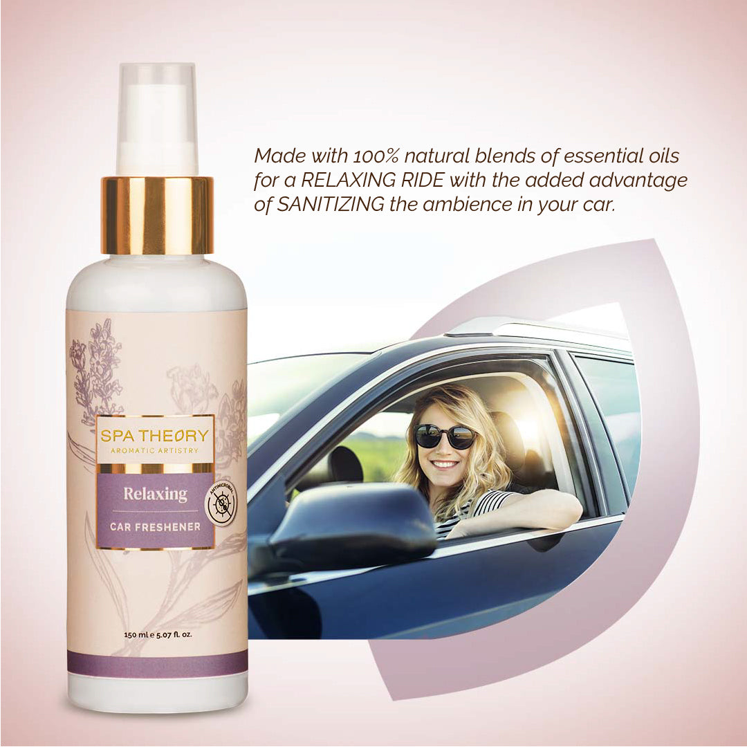 Bottle of "Spa Theory" car freshener next to a smiling woman in sunglasses sitting in a car