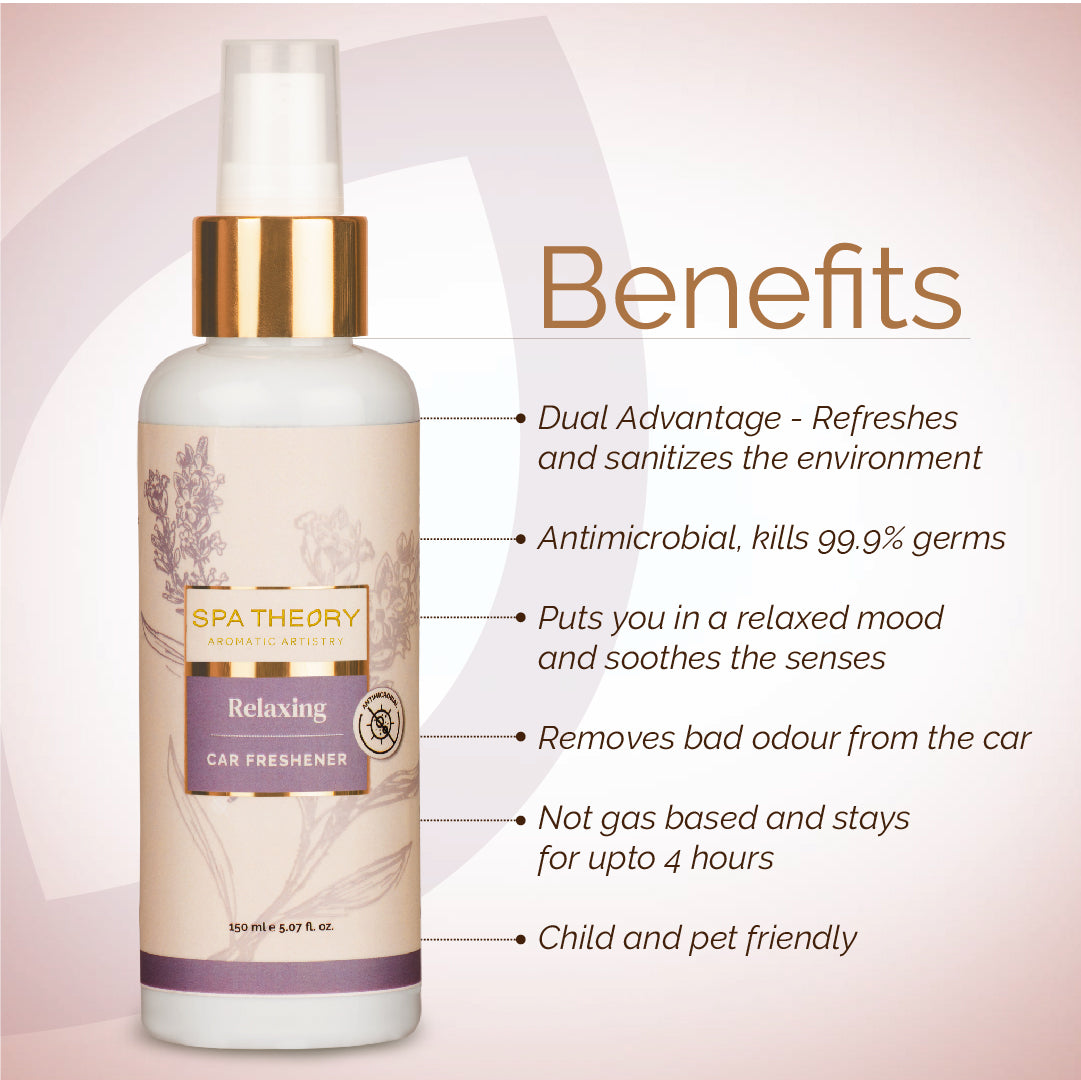 Bottle of "Spa Theory Relaxing Car Freshener" with benefits listed