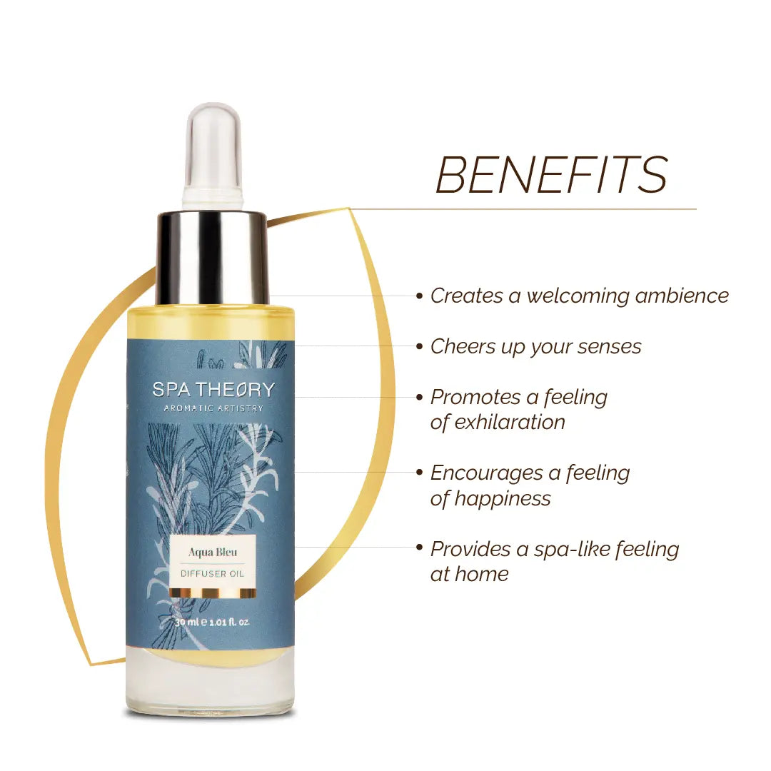 Spa Theory Aqua Bleu diffuser oil bottle with fresh ocean-blue branding