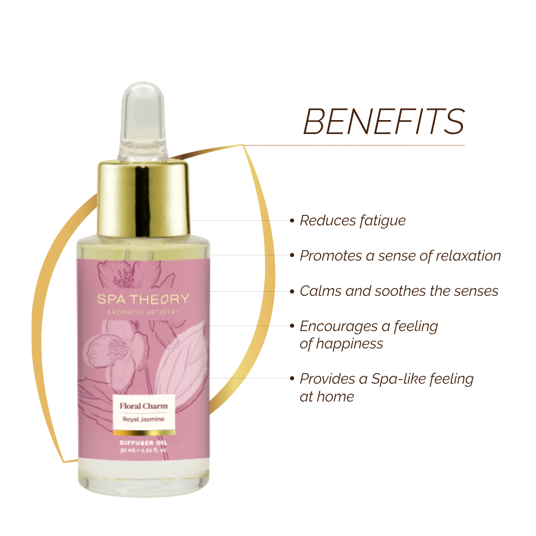 Floral charm diffuser oil with benefits listed at side