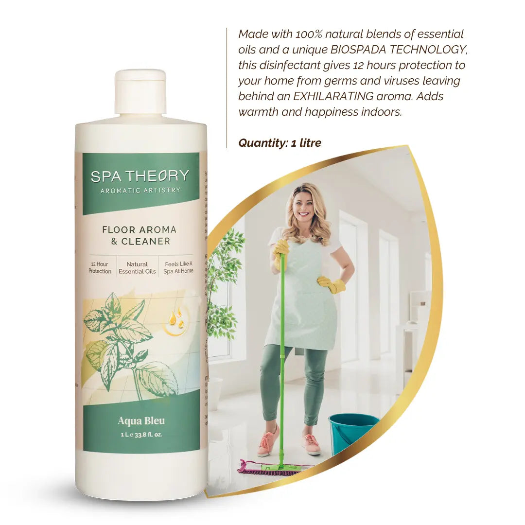 Bottle of Spa Theory Floor Aroma & Cleaner in front of smiling person mopping a bright room