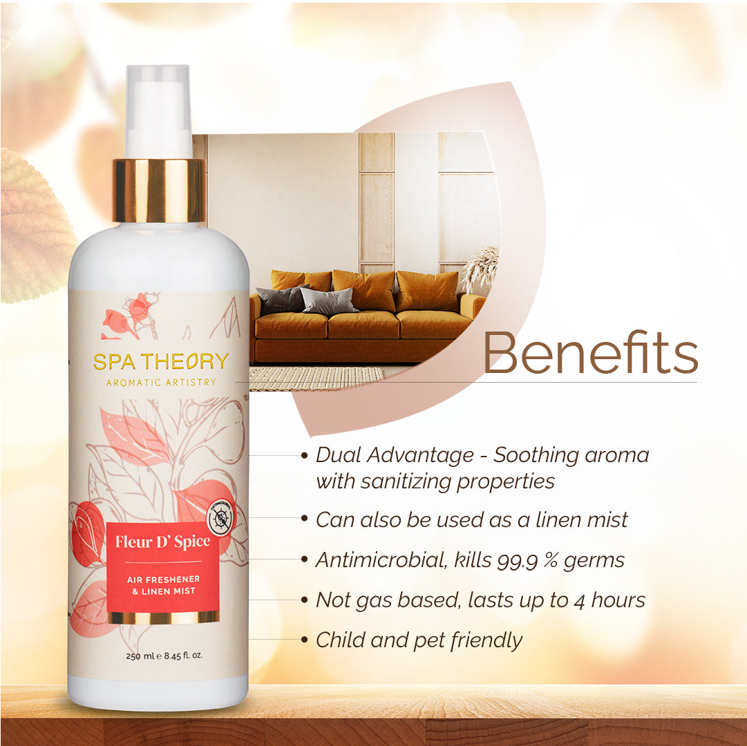 A floral-themed bottle of Spa Theory "Fleur D' Spice" air freshener displays benefits