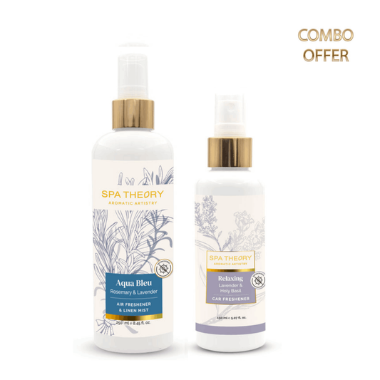 Two bottles of Spa Theory fragrance sprays on a white background. One is a larger "Relaxing" air freshener, and the other is a smaller "Refreshing" car freshener