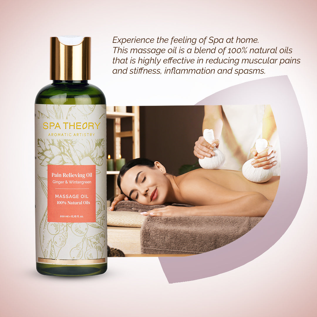 A massage oil bottle labeled "Spa Theory, Pain Relieving Oil" is alongside an image of a relaxed woman receiving a back massage.