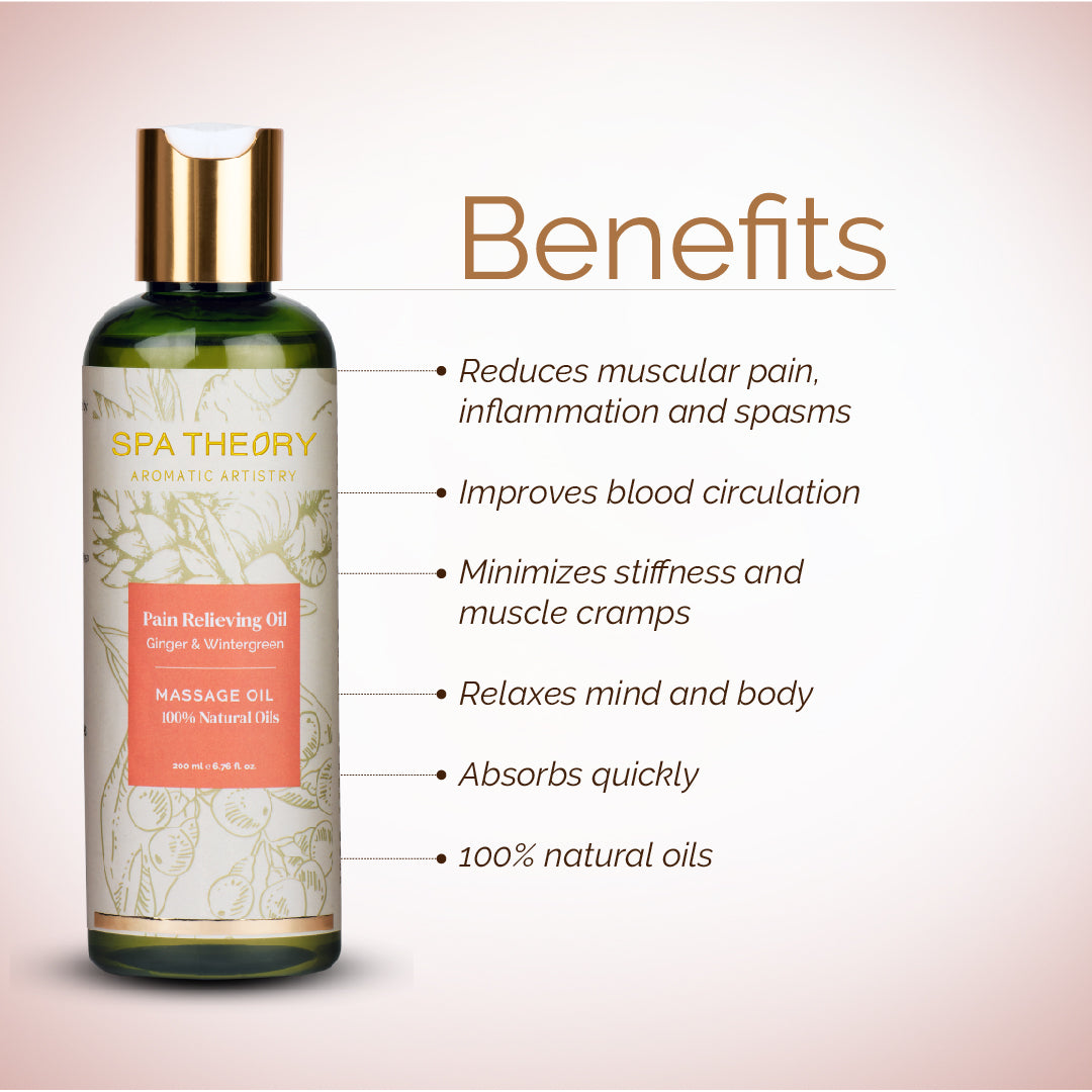 Spa Theory Pain Relieving Massage Oil product image with benefits listed