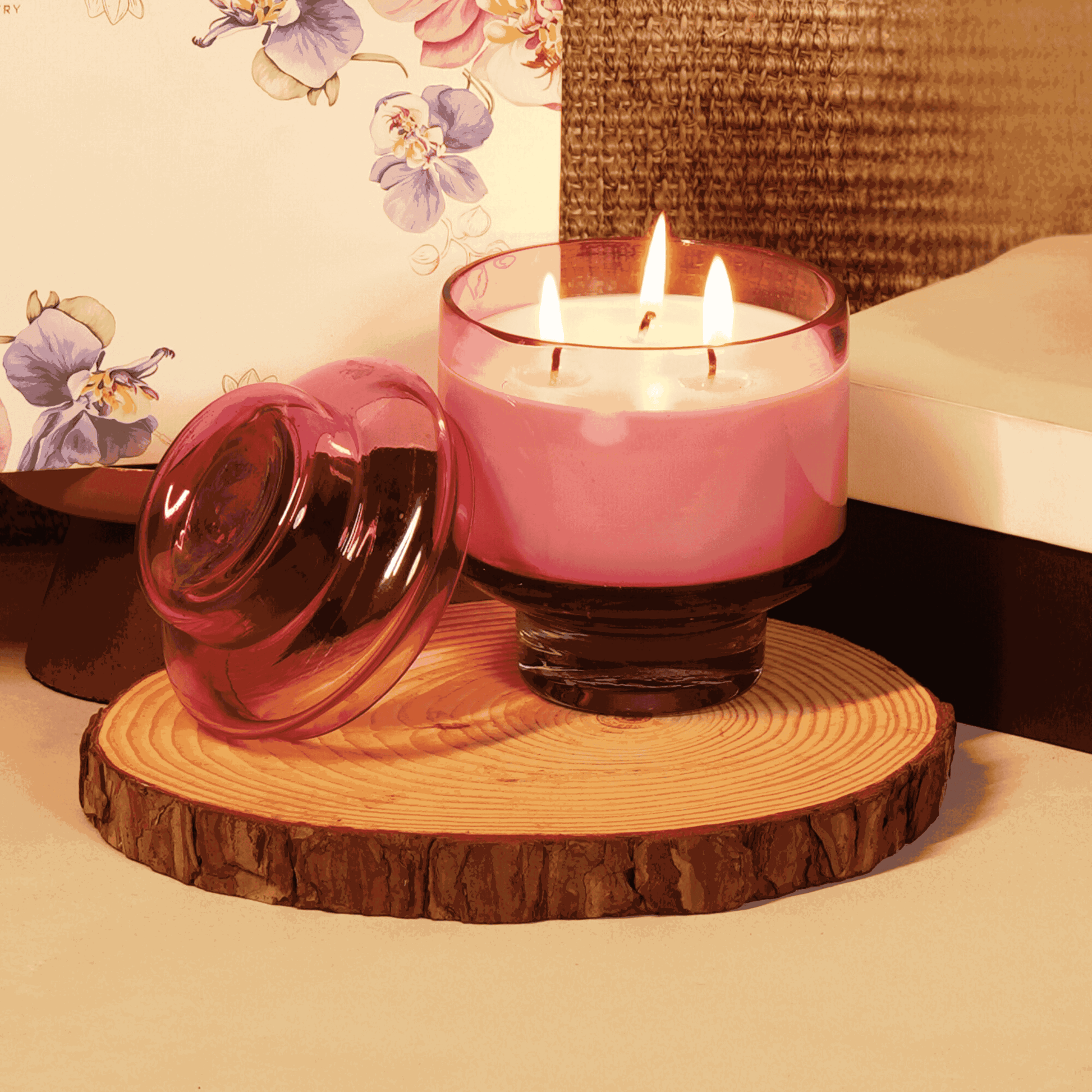 A pink scented candle with a clear lid placed on a wooden candle holder, with a wooden wall in the background and a floral patterned wallpaper.