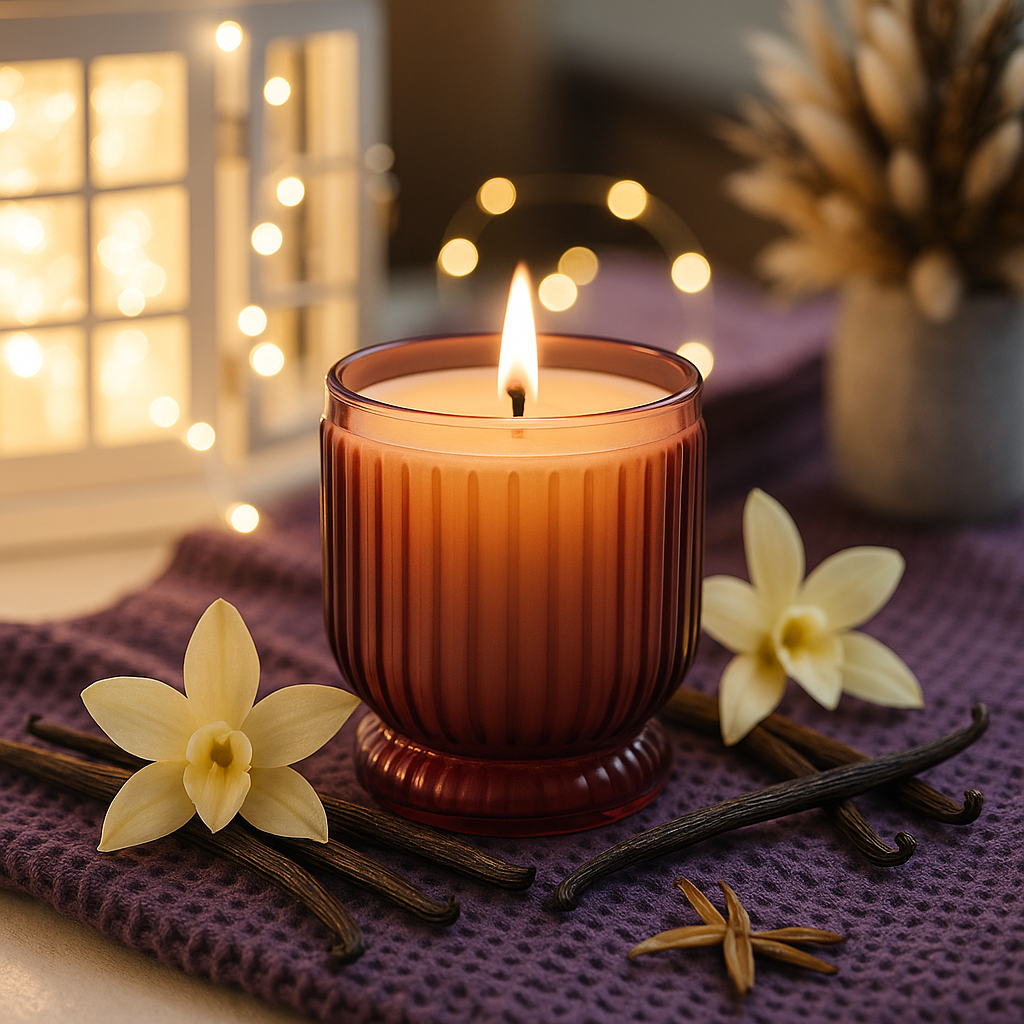 Scented candle in a ribbed glass holder with vanilla beans and flowers on a purple cloth, blurred lights in the background