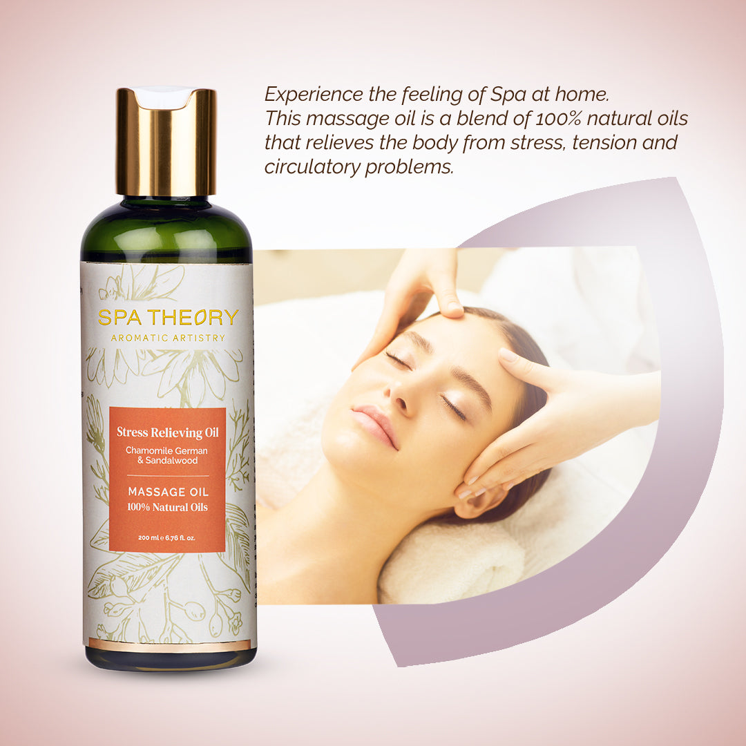 Bottle of "Spa Theory" stress-relieving oil with chamomile and sandalwood, next to a serene person receiving a relaxing facial massage.