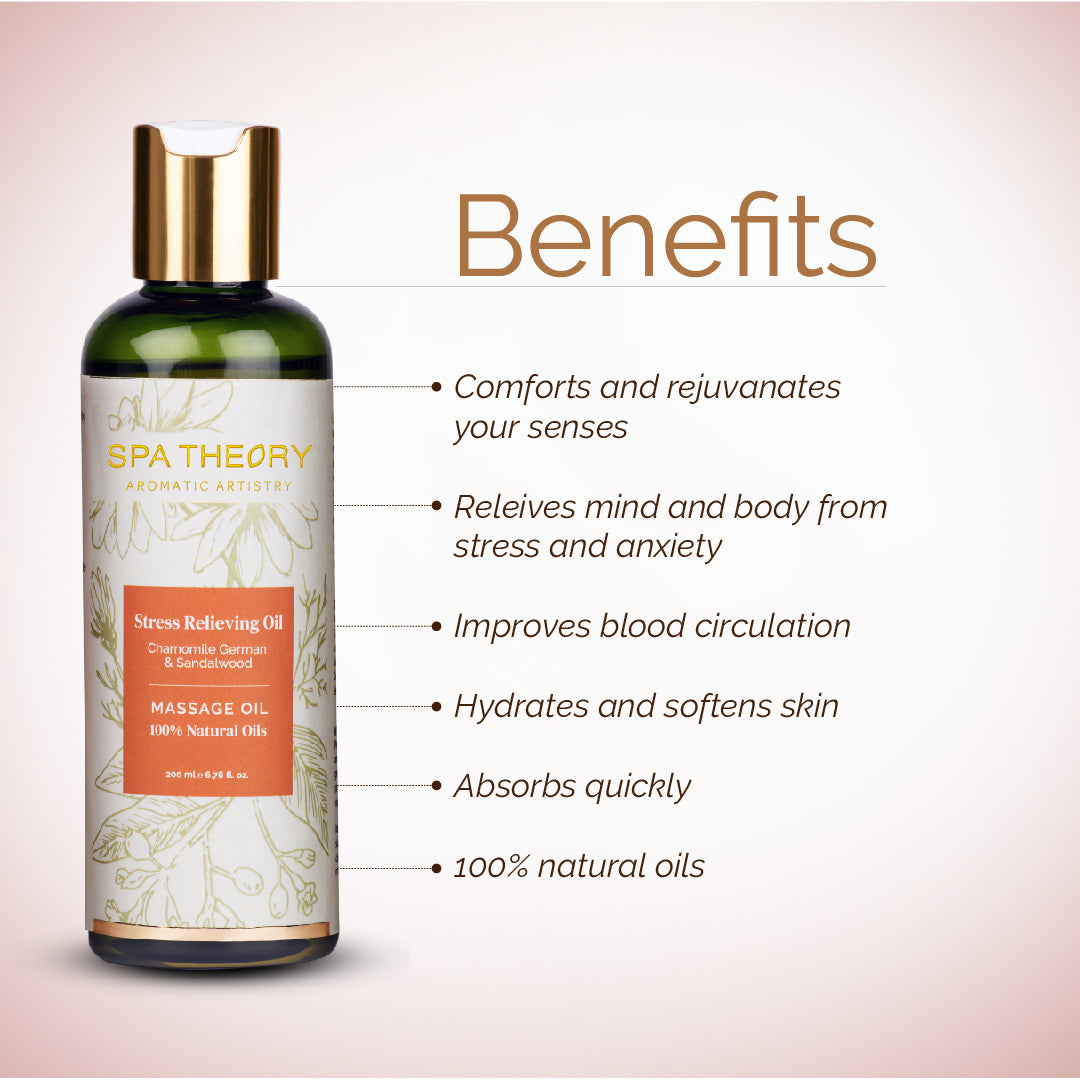 A bottle of Spa Theory Stress Relieving Oil with benefits.
