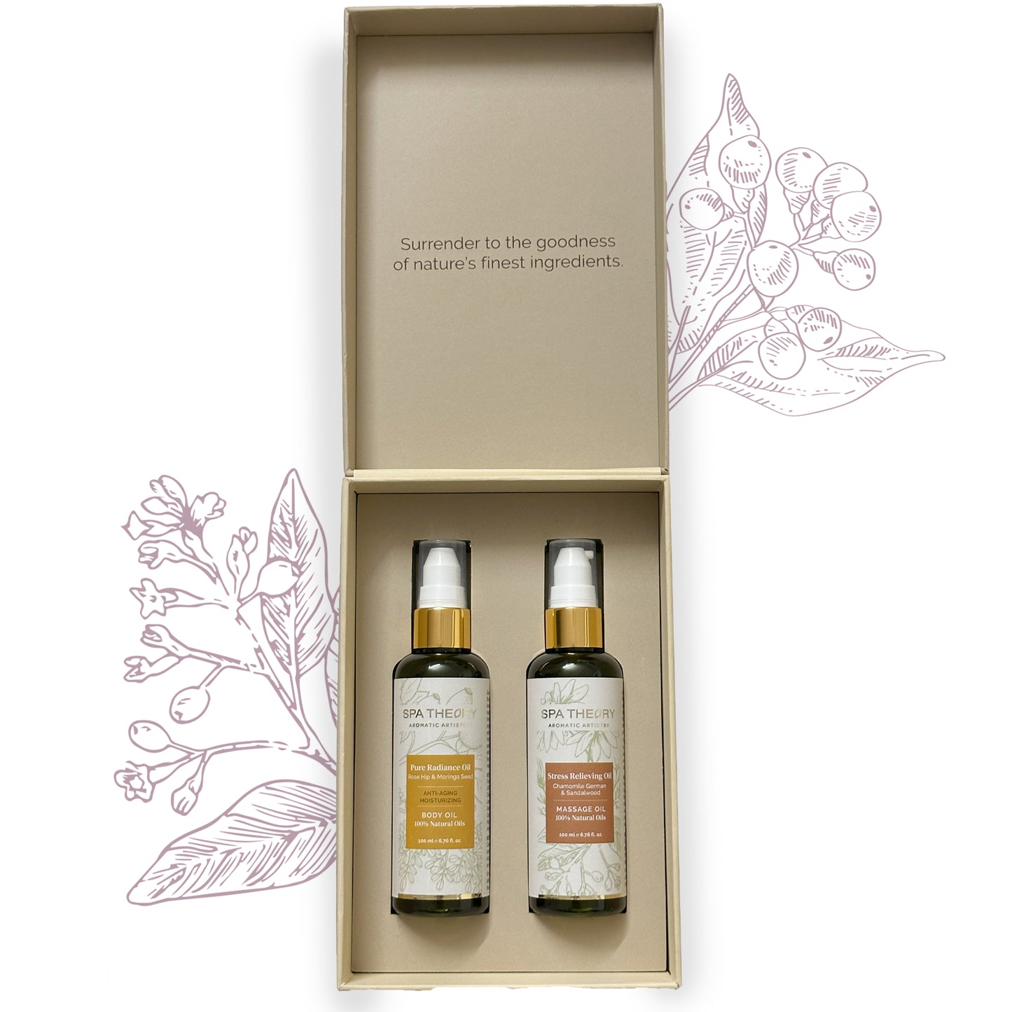 two spa theory bottles of massage oil in a box