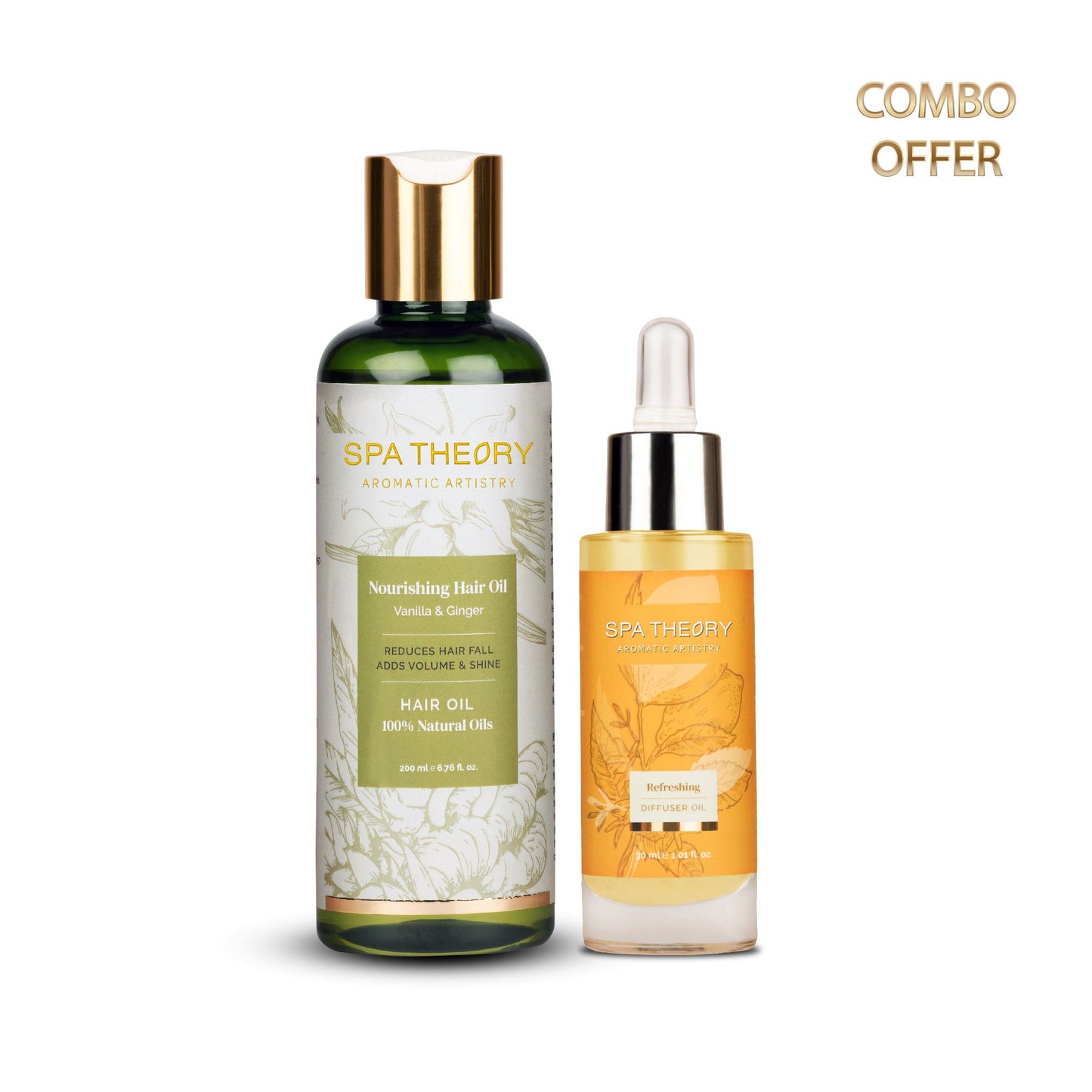 Two Spa Theory products: a green bottle of Nourishing Hair Oil and an orange bottle of Refreshing Diffuser Oil with droppers. Text reads "Combo Offer."
