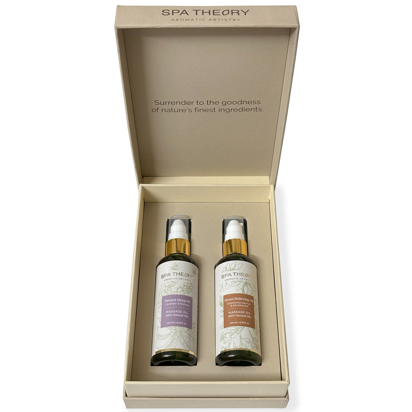 two bottles of massage oil in a box