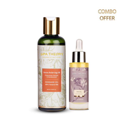 Spa Theory product set featuring a green bottle of Stress Relieving Oil with floral design and a smaller bottle of Relaxing Diffuse Oil. Combo offer text above.