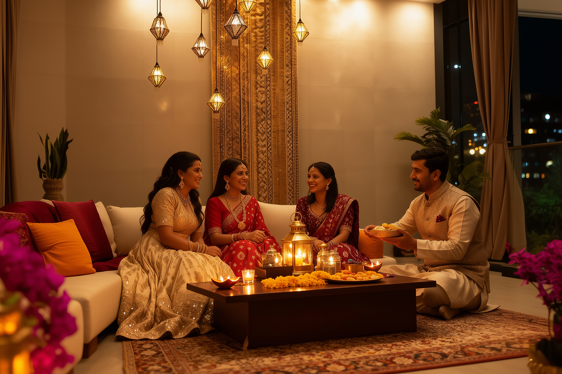 A group of four people in festive attire sit on a sofa in a warmly lit room, smiling and chatting around a table with candles and snacks