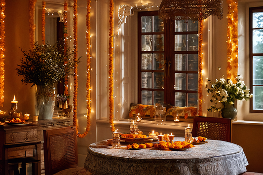 Warmly lit room adorned with marigold garlands and strings of lights, featuring a table with candles, flowers, and festive decor, creating a cozy ambiance