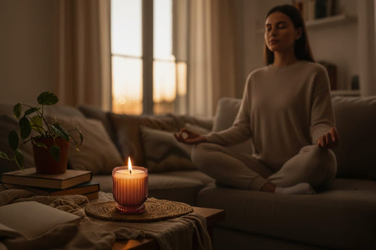 women meditating in front of aroma candle